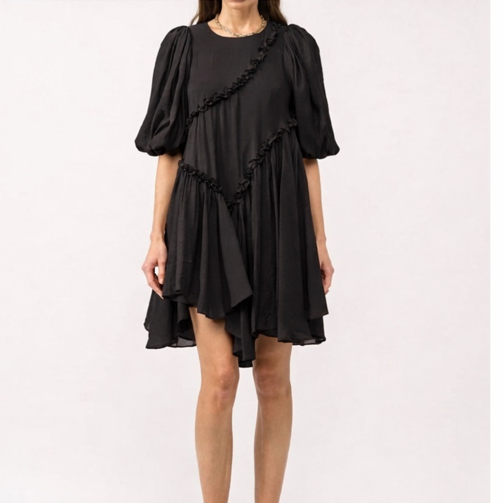 Sofie the Label Izzy Asymmetrical Mini Dress Black Small Puff Sleeve